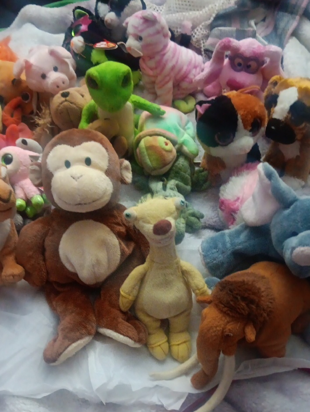 TY Beanie Babies Animal Lot - Monkey, Mammoth, Frog, Turtle, Sloth